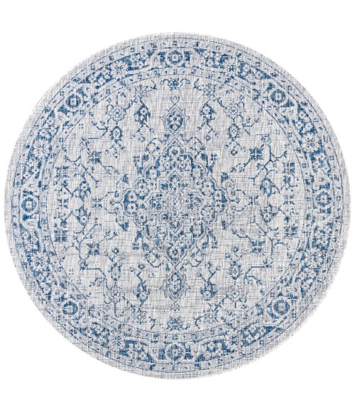 Rozetta Boho Medallion Textured Weave Gray/Navy 5' Round Indoor/Outdoor Area Rug