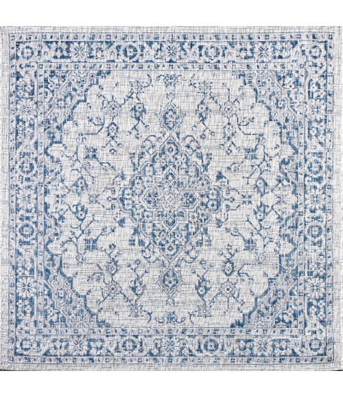 SANTA MONICA Area Rug Rozetta Boho Medallion Textured Weave Gray/Navy 5' Square Indoor/Outdoor Area Rug