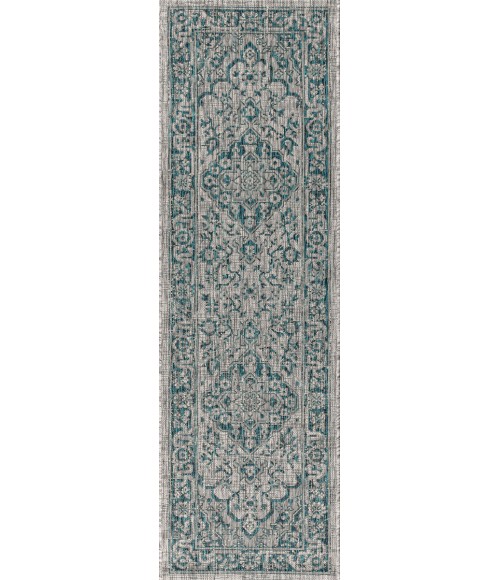 SANTA MONICA Area Rug Rozetta Boho Medallion Textured Weave Gray/Teal 2 ft. x 8 ft. Indoor/Outdoor Runner Rug