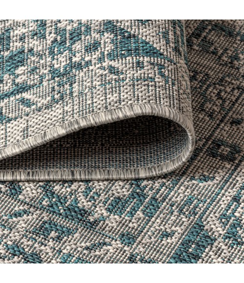 SANTA MONICA Area Rug Rozetta Boho Medallion Textured Weave Gray/Teal 5' Square Indoor/Outdoor Area Rug