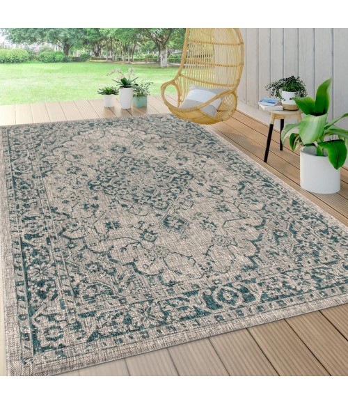 SANTA MONICA Area Rug Rozetta Boho Medallion Textured Weave Gray/Teal 5 ft. x 8 ft. Indoor/Outdoor Area Rug