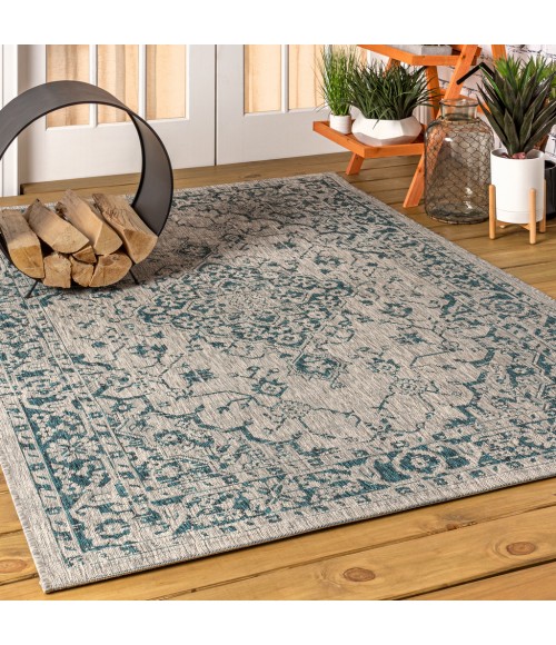 SANTA MONICA Area Rug Rozetta Boho Medallion Textured Weave Gray/Teal 5 ft. x 8 ft. Indoor/Outdoor Area Rug