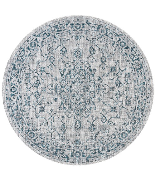 SANTA MONICA Area Rug Rozetta Boho Medallion Textured Weave Gray/Teal 5' Round Indoor/Outdoor Area Rug