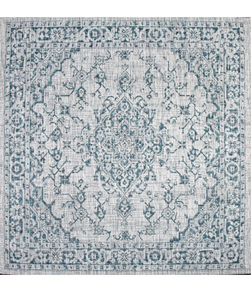 SANTA MONICA Area Rug Rozetta Boho Medallion Textured Weave Gray/Teal 5' Square Indoor/Outdoor Area Rug