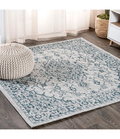 SANTA MONICA Area Rug Rozetta Boho Medallion Textured Weave Gray/Teal 5' Square Indoor/Outdoor Area Rug