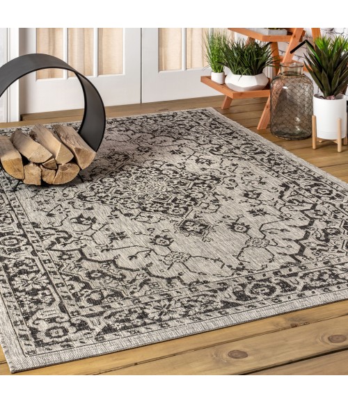 SANTA MONICA Area Rug Rozetta Boho Medallion Textured Weave Gray/Black 5 ft. x 8 ft. Indoor/Outdoor Area Rug