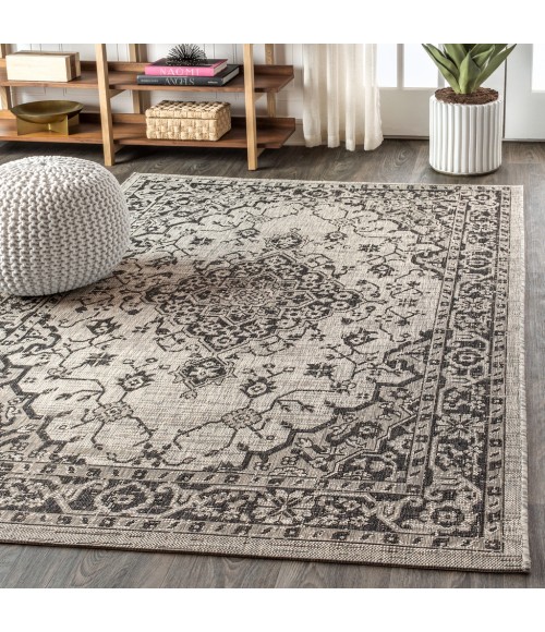 SANTA MONICA Area Rug Rozetta Boho Medallion Textured Weave Gray/Black 5 ft. x 8 ft. Indoor/Outdoor Area Rug