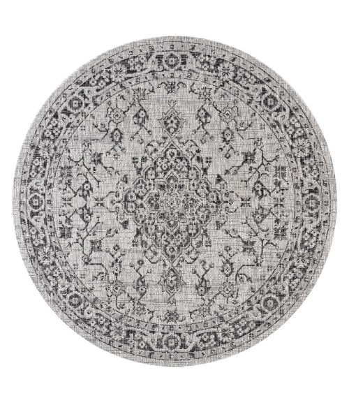 Rozetta Boho Medallion Textured Weave Gray/Black 5' Round Indoor/Outdoor Area Rug