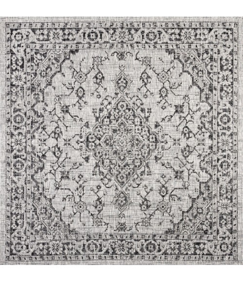 Rozetta Boho Medallion Textured Weave Gray/Black 5' Square Indoor/Outdoor Area Rug