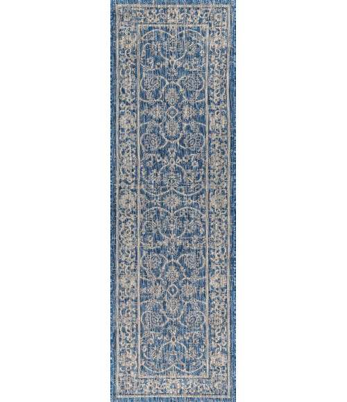 SANTA MONICA Area Rug Palazzo Vine and Border Textured Weave Navy/Gray 2 ft. x 8 ft. Indoor/Outdoor Runner Rug