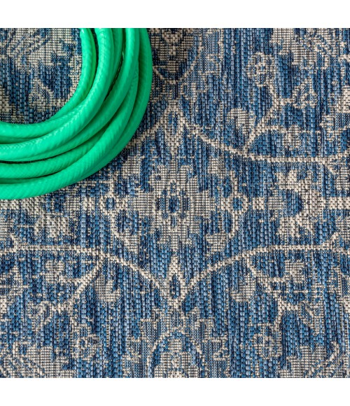 Palazzo Vine and Border Textured Weave Navy/Gray 5' Round Indoor/Outdoor Area Rug