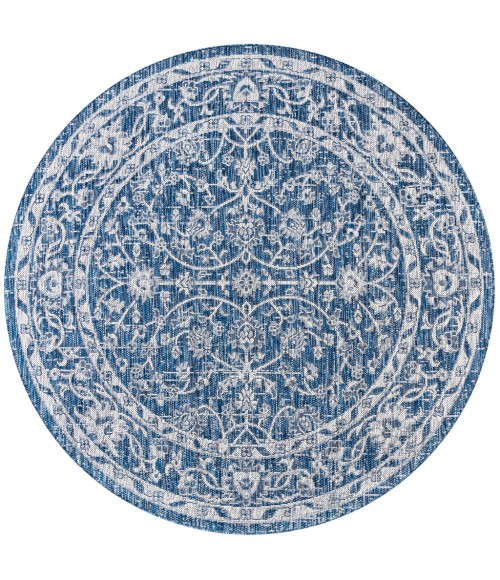 Palazzo Vine and Border Textured Weave Navy/Gray 5' Round Indoor/Outdoor Area Rug