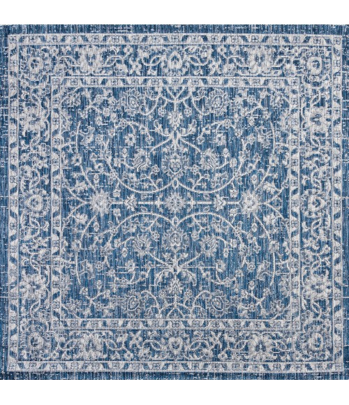 SANTA MONICA Area Rug Palazzo Vine and Border Textured Weave Navy/Gray 5' Square Indoor/Outdoor Area Rug