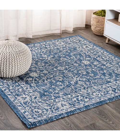 SANTA MONICA Area Rug Palazzo Vine and Border Textured Weave Navy/Gray 5' Square Indoor/Outdoor Area Rug