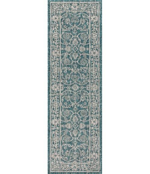 Palazzo Vine and Border Textured Weave Teal/Gray 2 ft. x 10 ft. Indoor/Outdoor Runner Rug