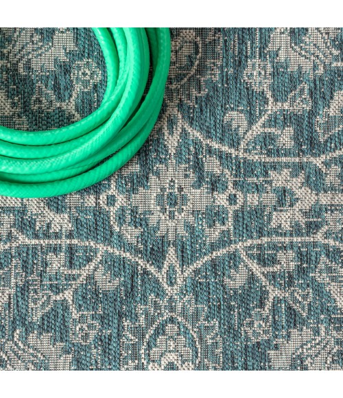 SANTA MONICA Area Rug Palazzo Vine and Border Textured Weave Teal/Gray 5' Round Indoor/Outdoor Area Rug