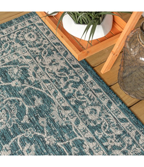 SANTA MONICA Area Rug Palazzo Vine and Border Textured Weave Teal/Gray 5' Round Indoor/Outdoor Area Rug