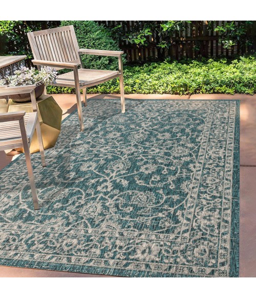 SANTA MONICA Area Rug Palazzo Vine and Border Textured Weave Teal/Gray 5 ft. x 8 ft. Indoor/Outdoor Area Rug