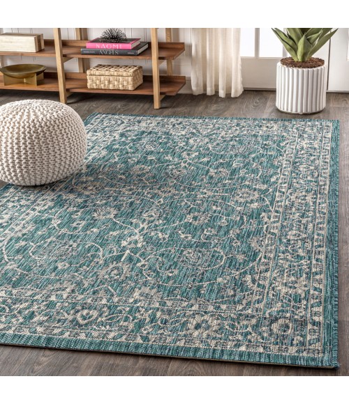 SANTA MONICA Area Rug Palazzo Vine and Border Textured Weave Teal/Gray 5 ft. x 8 ft. Indoor/Outdoor Area Rug