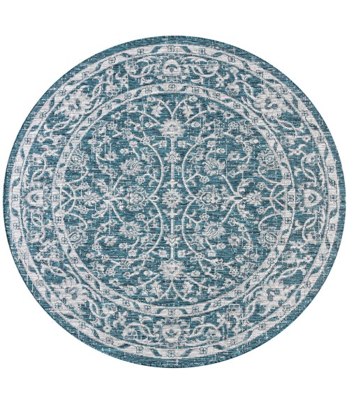 SANTA MONICA Area Rug Palazzo Vine and Border Textured Weave Teal/Gray 5' Round Indoor/Outdoor Area Rug