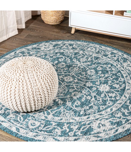 SANTA MONICA Area Rug Palazzo Vine and Border Textured Weave Teal/Gray 5' Round Indoor/Outdoor Area Rug