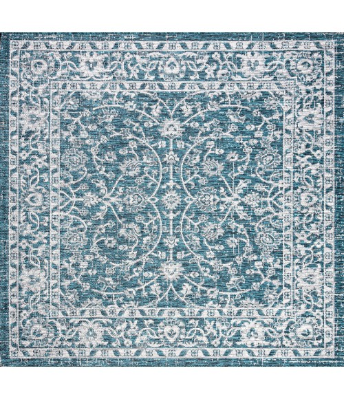 Palazzo Vine and Border Textured Weave Teal/Gray 5' Square Indoor/Outdoor Area Rug