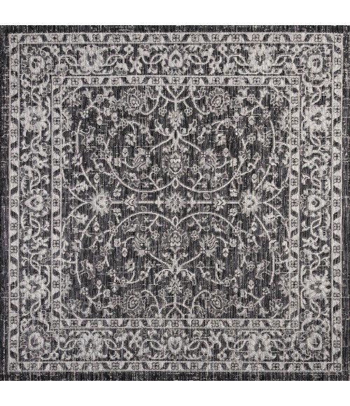 SANTA MONICA Area Rug Palazzo Vine and Border Textured Weave Black/Gray 5' Square Indoor/Outdoor Area Rug