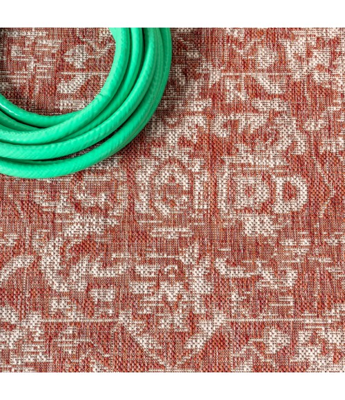 SANTA MONICA Area Rug Malta Bohemian Medallion Textured Weave Red/Taupe 5' Square Indoor/Outdoor Area Rug