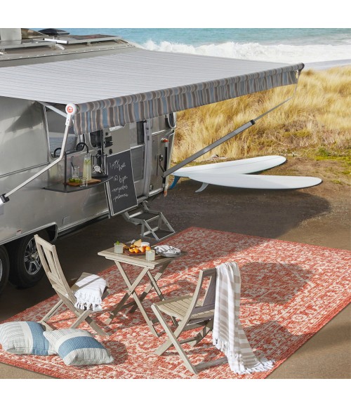 SANTA MONICA Area Rug Malta Bohemian Medallion Textured Weave Red/Taupe 5' Square Indoor/Outdoor Area Rug