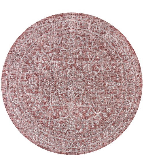 Malta Bohemian Medallion Textured Weave Red/Taupe 5' Round Indoor/Outdoor Area Rug