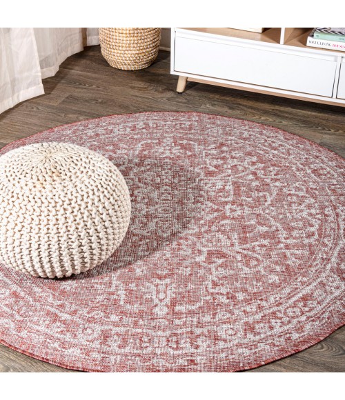 Malta Bohemian Medallion Textured Weave Red/Taupe 5' Round Indoor/Outdoor Area Rug