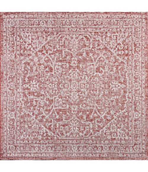 SANTA MONICA Area Rug Malta Bohemian Medallion Textured Weave Red/Taupe 5' Square Indoor/Outdoor Area Rug
