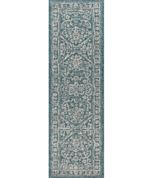 SANTA MONICA Area Rug Malta Bohemian Medallion Textured Weave Teal/Gray 2 ft. x 8 ft. Indoor/Outdoor Runner Rug