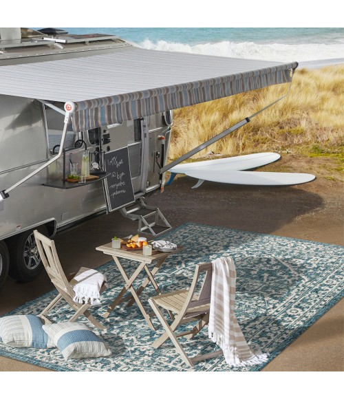 SANTA MONICA Area Rug Malta Bohemian Medallion Textured Weave Teal/Gray 2 ft. x 8 ft. Indoor/Outdoor Runner Rug