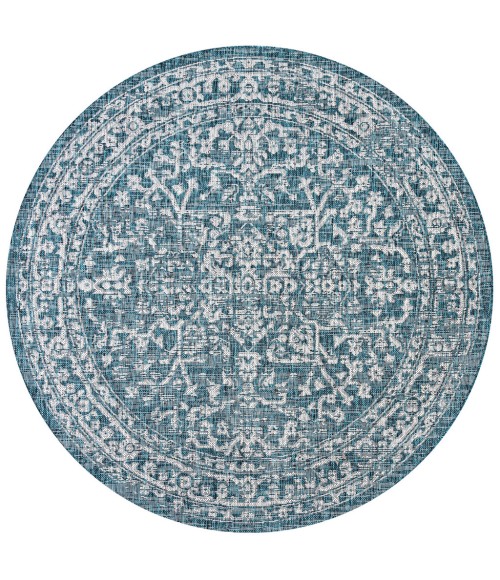 SANTA MONICA Area Rug Malta Bohemian Medallion Textured Weave Teal/Gray 5' Round Indoor/Outdoor Area Rug