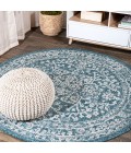 SANTA MONICA Area Rug Malta Bohemian Medallion Textured Weave Teal/Gray 5' Round Indoor/Outdoor Area Rug