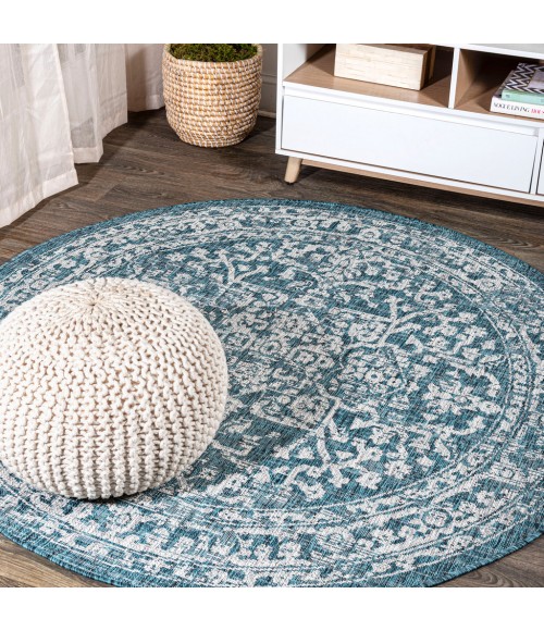 SANTA MONICA Area Rug Malta Bohemian Medallion Textured Weave Teal/Gray 5' Round Indoor/Outdoor Area Rug