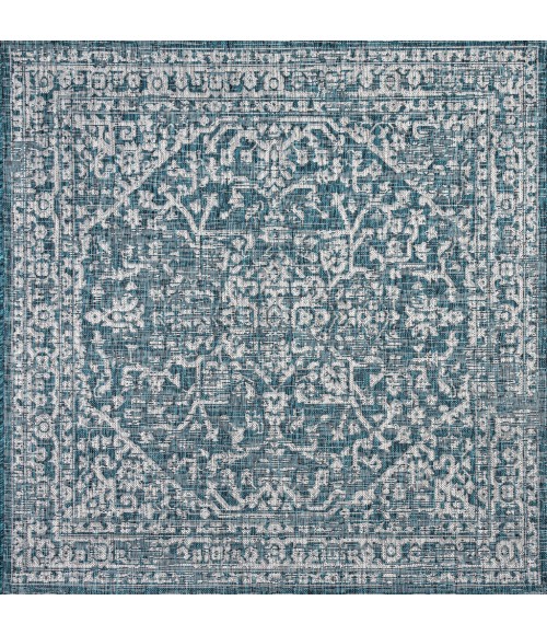 SANTA MONICA Area Rug Malta Bohemian Medallion Textured Weave Teal/Gray 5' Square Indoor/Outdoor Area Rug