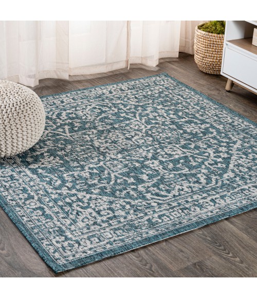 SANTA MONICA Area Rug Malta Bohemian Medallion Textured Weave Teal/Gray 5' Square Indoor/Outdoor Area Rug