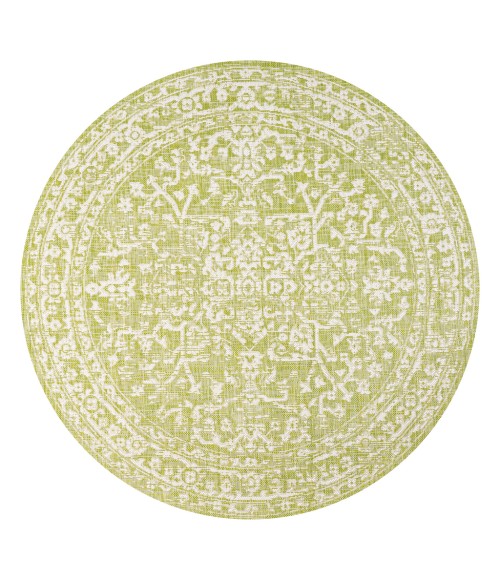 SANTA MONICA Area Rug Malta Bohemian Medallion Textured Weave Green/Cream 5' Round Indoor/Outdoor Area Rug