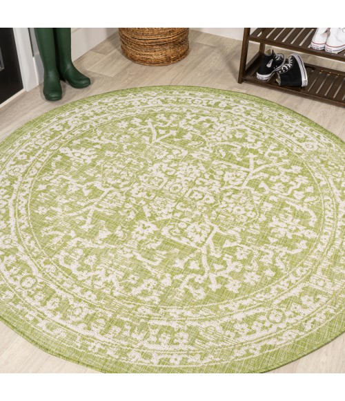 SANTA MONICA Area Rug Malta Bohemian Medallion Textured Weave Green/Cream 5' Round Indoor/Outdoor Area Rug