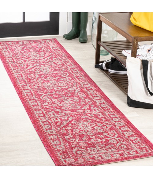 SANTA MONICA Area Rug Malta Bohemian Medallion Textured Weave Fuchsia/Light Gray 2 ft. x 8 ft. Indoor/Outdoor Runner Rug