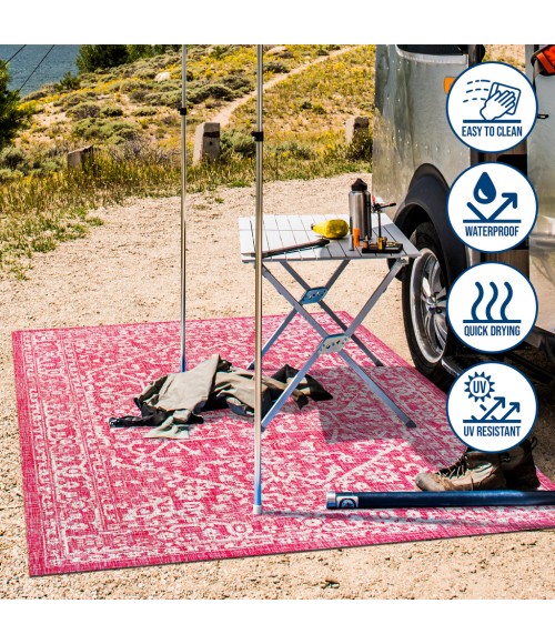 SANTA MONICA Area Rug Malta Bohemian Medallion Textured Weave Fuchsia/Light Gray 5' Square Indoor/Outdoor Area Rug