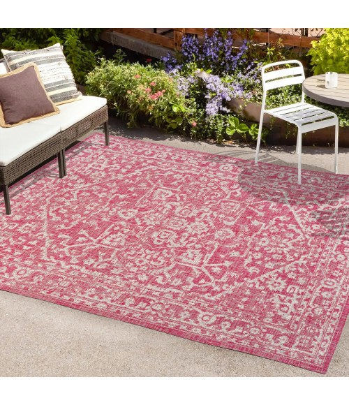 SANTA MONICA Area Rug Malta Bohemian Medallion Textured Weave Fuchsia/Light Gray 9 ft. x 12 ft. Indoor/Outdoor Area Rug