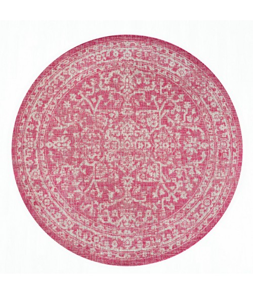 SANTA MONICA Area Rug Malta Bohemian Medallion Textured Weave Fuchsia/Light Gray 5' Round Indoor/Outdoor Area Rug