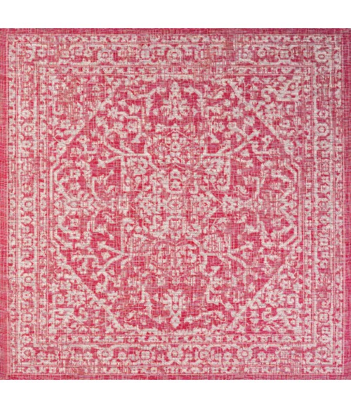 SANTA MONICA Area Rug Malta Bohemian Medallion Textured Weave Fuchsia/Light Gray 5' Square Indoor/Outdoor Area Rug