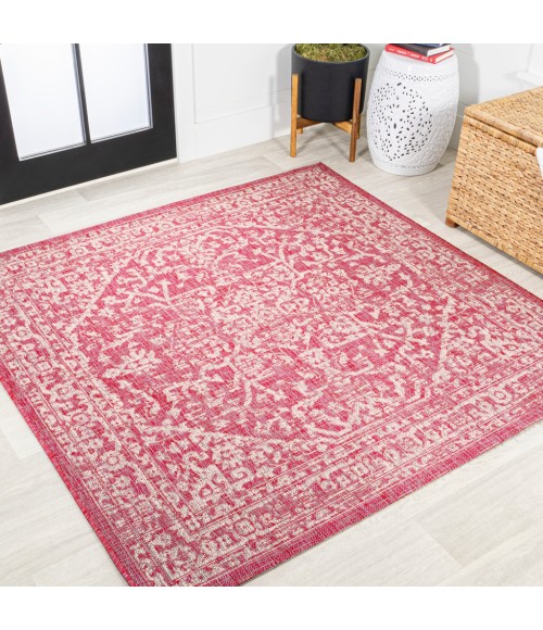 SANTA MONICA Area Rug Malta Bohemian Medallion Textured Weave Fuchsia/Light Gray 5' Square Indoor/Outdoor Area Rug