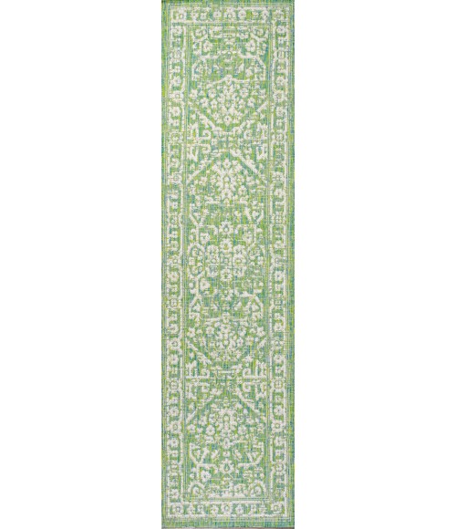 SANTA MONICA Area Rug Malta Bohemian Medallion Textured Weave Cream/Green 2 ft. x 8 ft. Indoor/Outdoor Runner Rug