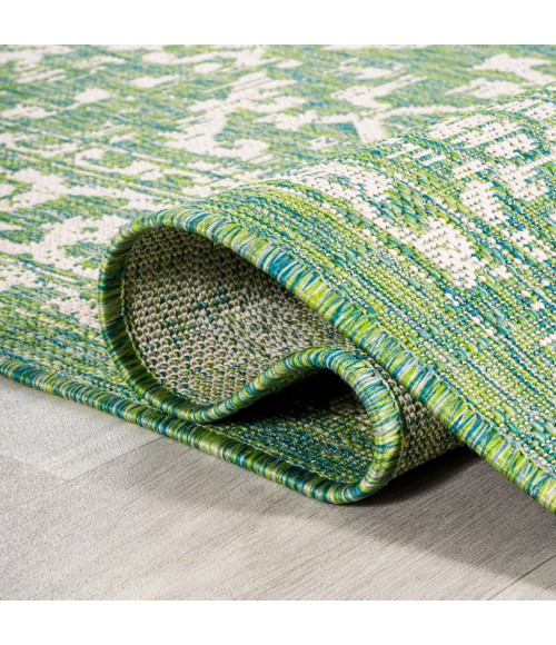 SANTA MONICA Area Rug Malta Bohemian Medallion Textured Weave Cream/Green 5' Round Indoor/Outdoor Area Rug