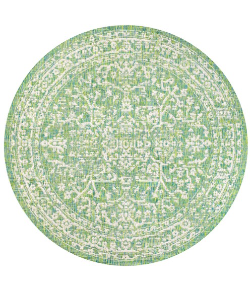 SANTA MONICA Area Rug Malta Bohemian Medallion Textured Weave Cream/Green 5' Round Indoor/Outdoor Area Rug